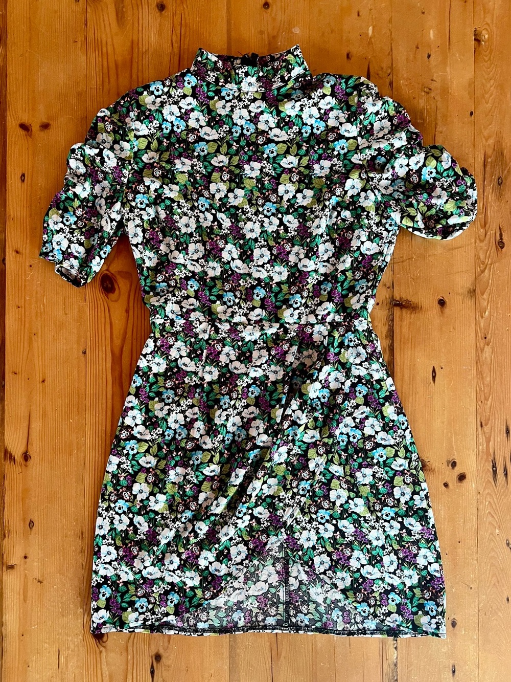 Nasty Gal Black Floral Mini Dress with Teal, White & Purple